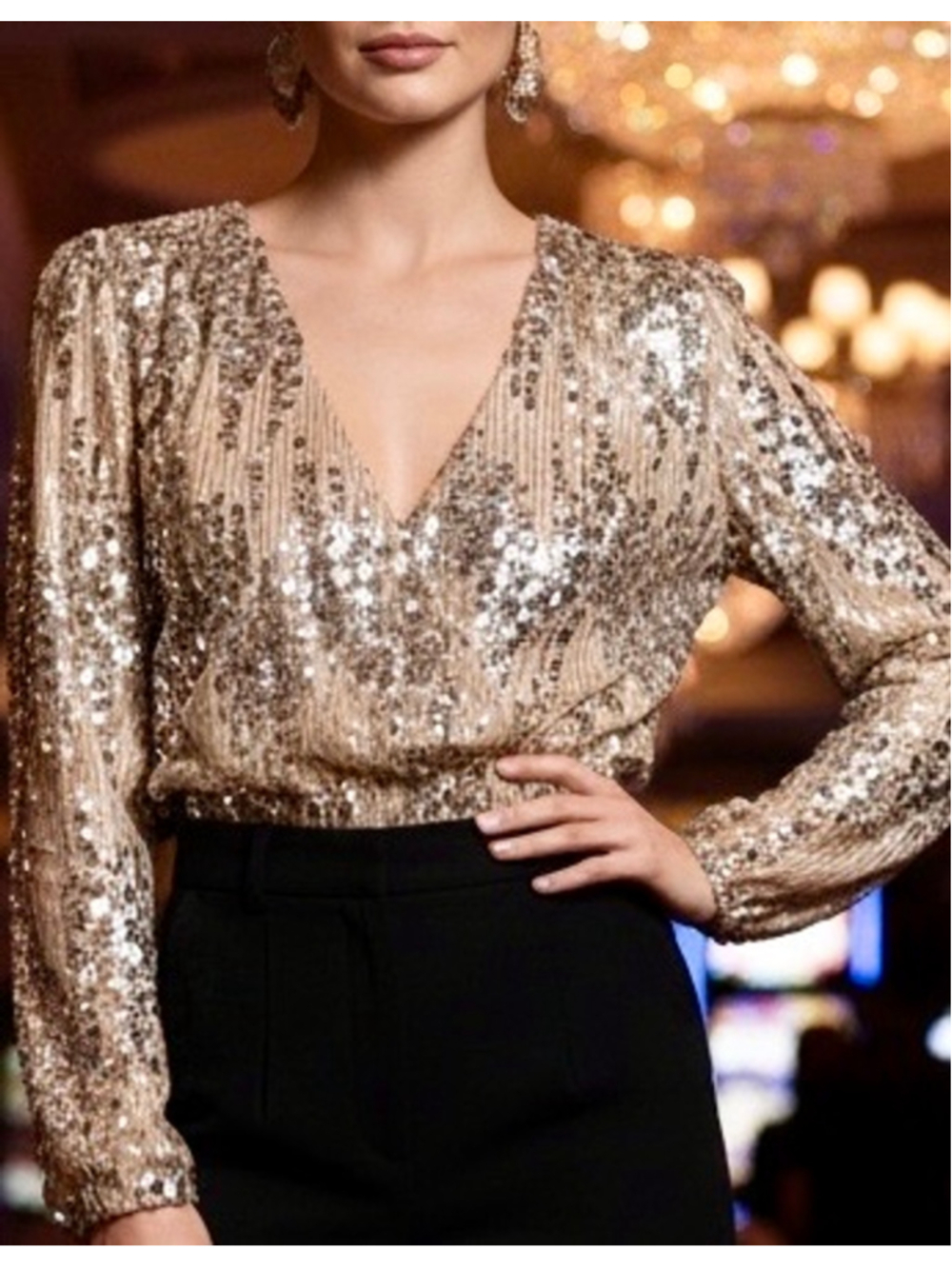 ✨ Gold Sequin Wrap Top Glam Party Blouse Small NYE Vegas Sparkle - Picture 3 of 8